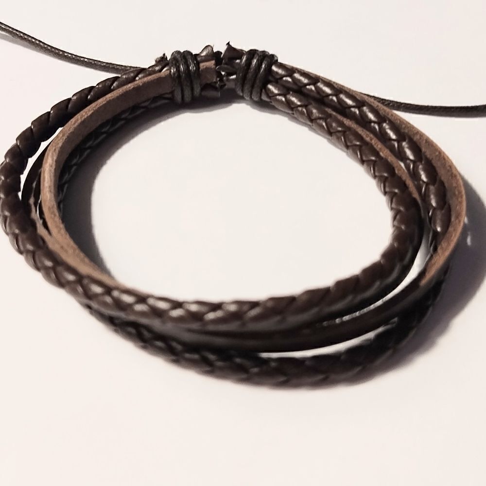 Men's bracelet leather braided layered‎ brown new d21